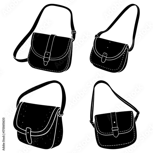 Four black and white graphic illustrations of satchel style bags with shoulder straps in various positions
