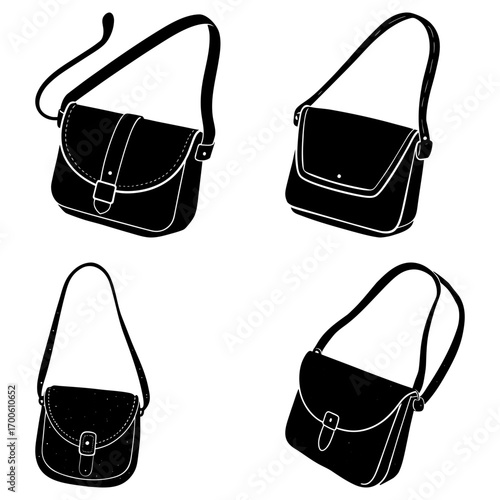 Illustration showcasing four black and white satchel bags with shoulder straps on a white background