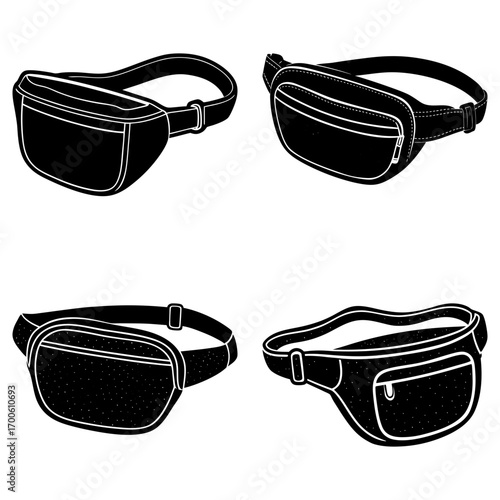 Four black and white fanny packs with adjustable straps and zipper details in various orientations
