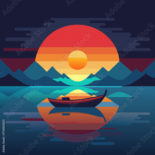 Flat design canoe floating sunset mountains water reflection vector vector