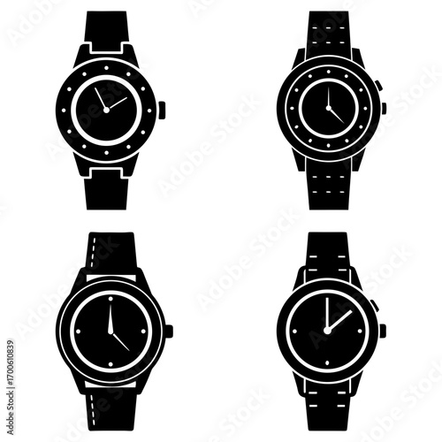 Four black and white wristwatches with different designs and styles are displayed in a simple arrangement