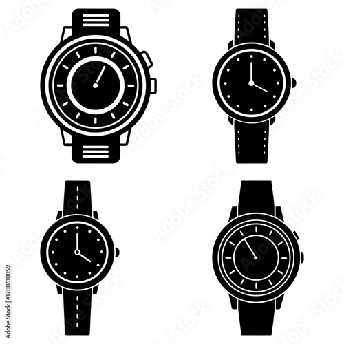 Four black and white wristwatches with different band styles and face designs displayed in a grid pattern