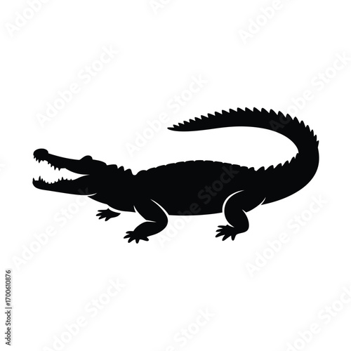 Black silhouette of a crocodile with open mouth on white background