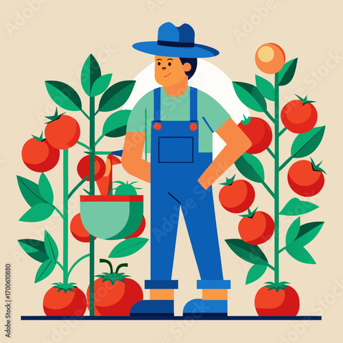 Male farmer tending tomato plants in flat illustration style vector