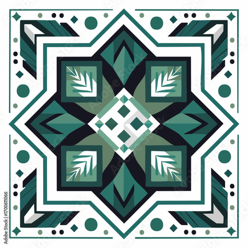 Print with a geometric pattern. Vintage art unique in dark green palette colors.