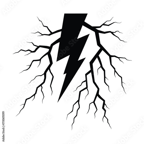 Black lightning bolt with branching electric energy on white background