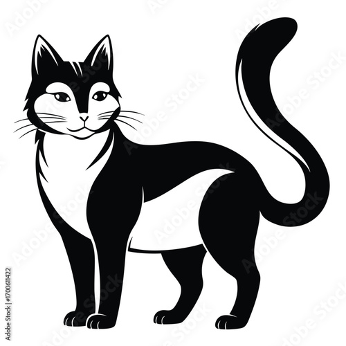 Elegant Black and White Cat Illustration Standing Gracefully with Curled Tail Upright