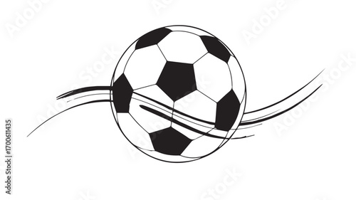 A black and white illustration of a soccer ball viewed from a slightly angled perspective. 