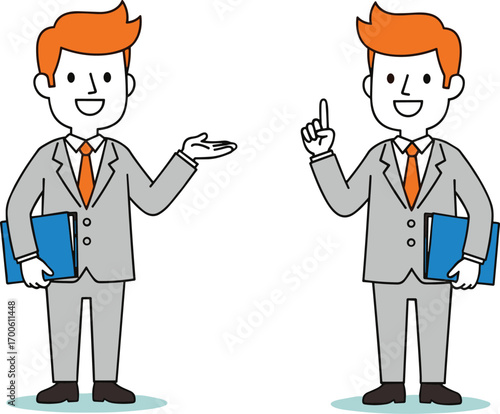 Cartoon illustration of businessman in gray suit with orange tie holding folder, presenting and pointing gestures, business communication concept, vector art, flat design, minimal style