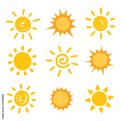 Set of cartoon sun icons isolated on white background