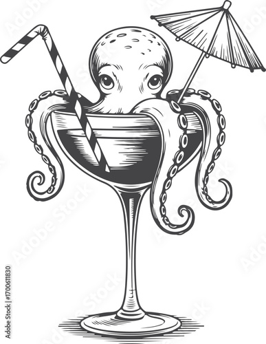  Octopus Engraving Cocktail in drink glass Vintage Illustration design.