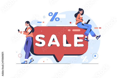 Online Sale Announcement People Shopping & Red Speech Bubble