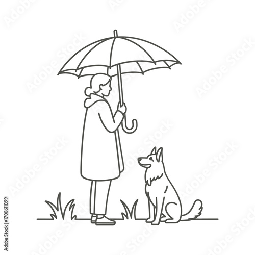 Person and dog under umbrella in the rain sketch