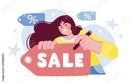 Happy woman marketing a big sale and discounts