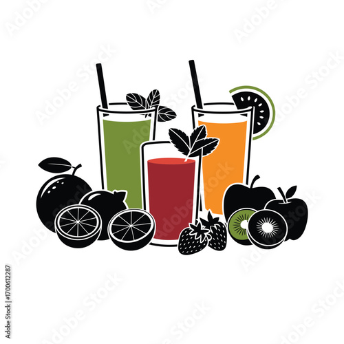 Assortment of fresh fruit juices and fruits on white background