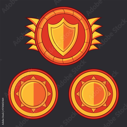 Game coins and shield emblem in red and yellow, representing a level up or achievement in a fantasy adventure game concept