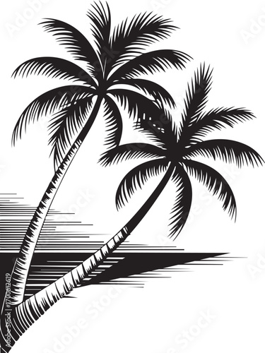 palm trees on the beach engraving outline vector art illustration design, palm tree silhouette, hand drawn beach drawing, line art palm tree, sea, beach, summer view, vintage palm tree on sea beach.	