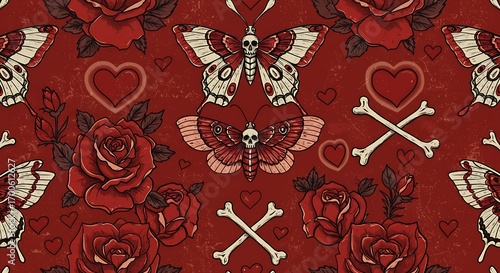 Fototapeta Naklejka Na Ścianę i Meble -  A repeating pattern featuring roses, butterflies, skulls, hearts, and bones in a red color palette.