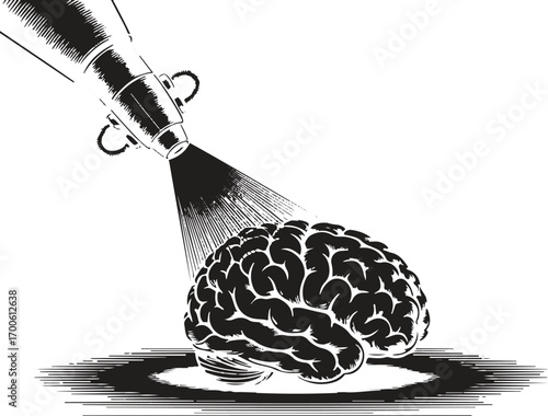 Robot Light  on Human Brain convert engraving vintage silhouette design 