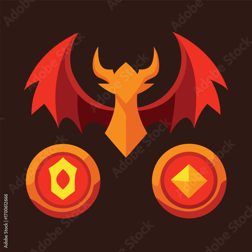 Dragon emblem with game coins in red and yellow, representing a level up or achievement in a fantasy adventure game