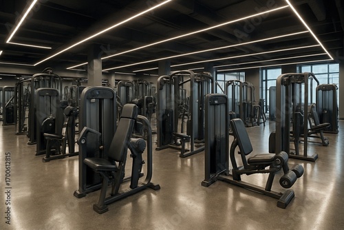 Modern gym interior with full range of strength machines, polished flooring, and ceiling LED strip lighting, captured in ultra-realistic detail.