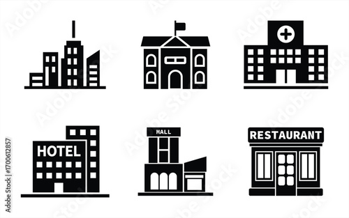 City Building Icon Set – Vector Illustration of Skyscraper, School, Hospital, Hotel, Shopping Mall, and Restaurant Symbol for Urban Infrastructure and Architecture