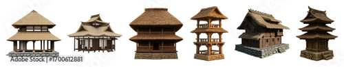 Traditional thatched roof buildings set including ancient Asian houses, temples, and towers isolated. Cultural architecture collection.