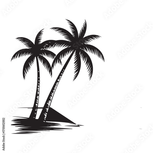 palm trees on the beach engraving outline vector art illustration design, palm tree silhouette, hand drawn beach drawing, line art palm tree, sea, beach, summer view, vintage palm tree on sea beach.	
