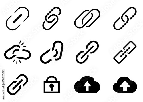 リンク、外部リンク、シンプルなチェーン、クラウドアップロードのアイコンコレクション