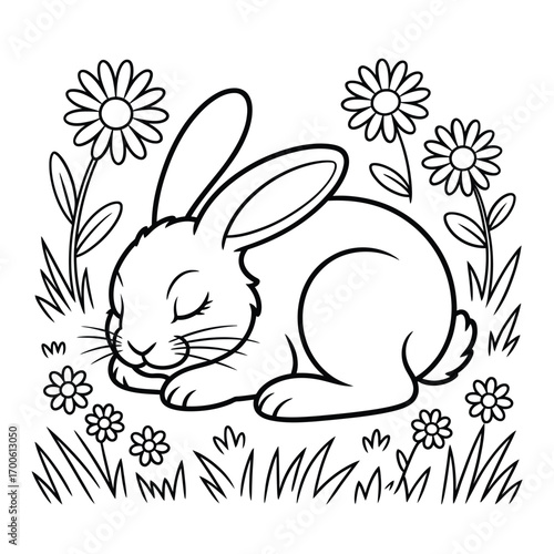 Cute sleeping bunny rabbit in a field of flowers coloring page
