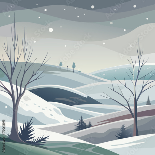 Serene minimalist winter landscape rolling hills snowfall vector vector