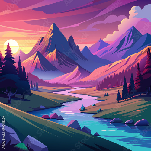 Serene picturesque landscape painting mountains river sunset illustration vector
