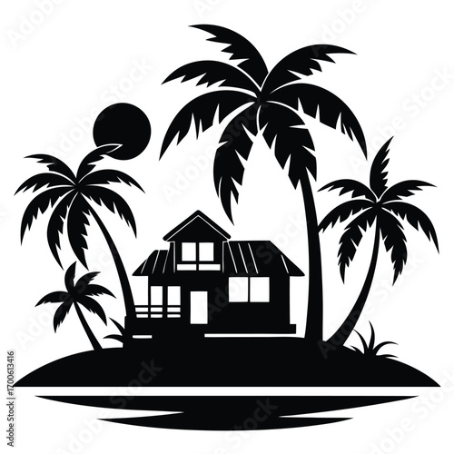 Black Silhouette of a House Surrounded by Palm Trees on a Tropical Island