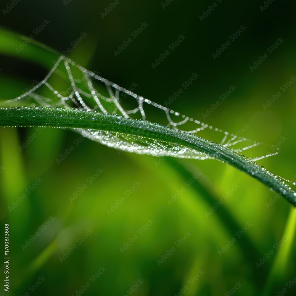 Obraz premium Close-up of dew-covered spiderweb glistening in the early morning light against blurred green background