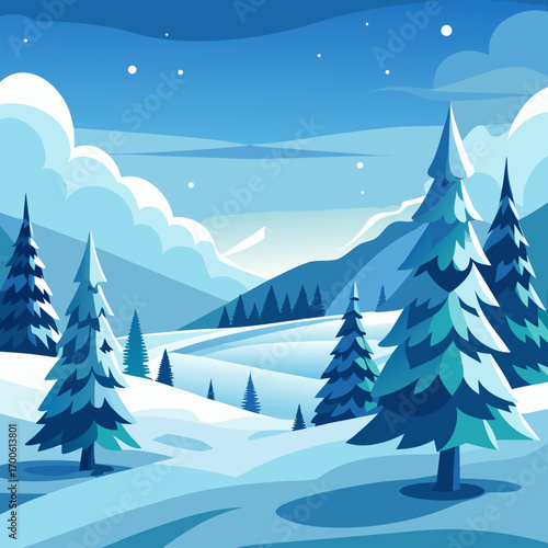 Serene winter landscape snow covered hills evergreen trees vector vector