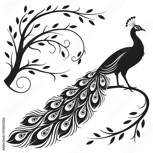 Elegant black silhouette of a majestic peacock with elaborate tail feathers perched on a curving branch adorned with leaves and swirling vines