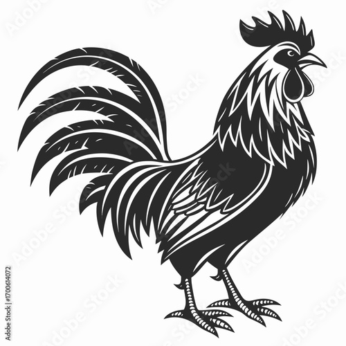A striking black and white silhouette illustration of a proud rooster with elaborate tail feathers and comb standing regally against a clean white background perfect for design elements