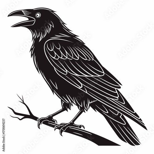 A striking black and white silhouette illustration of a raven perched on a bare branch with its beak open as if cawing or calling out a message