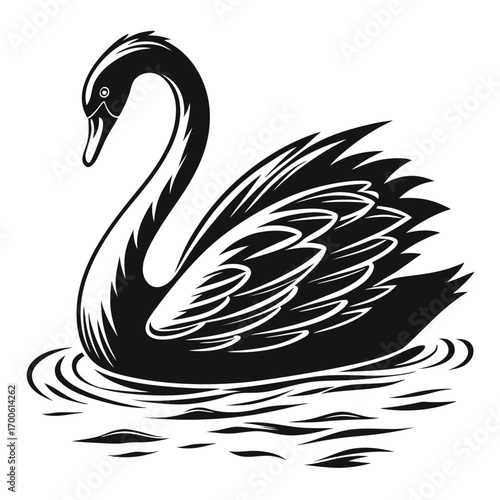 Elegant black swan with stylized feathers gracefully swimming on rippling water rendered in a bold graphic silhouette style on a clean white background