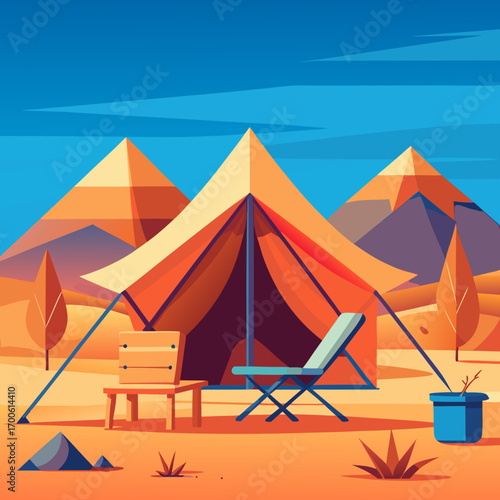Stylized flat illustration desert campsite tent and pyramids vector