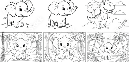 A collection of charming vector illustrations featuring cute elephants in various poses and settings. The designs are simple and playful, suitable for children's books, educational materials, or decor