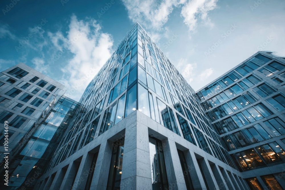Fototapeta premium Modern architectural glass building with blue sky and clouds reflection
