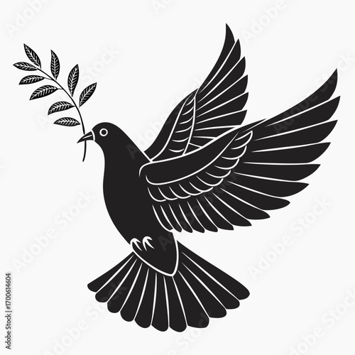A stylized black silhouette of a dove in flight carrying a green olive branch in its beak symbolizing peace and hope against a clean white background vector illustration