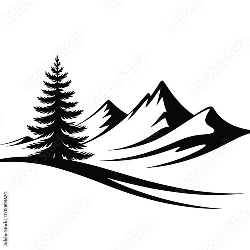 Black and white silhouette of a pine tree and mountain range