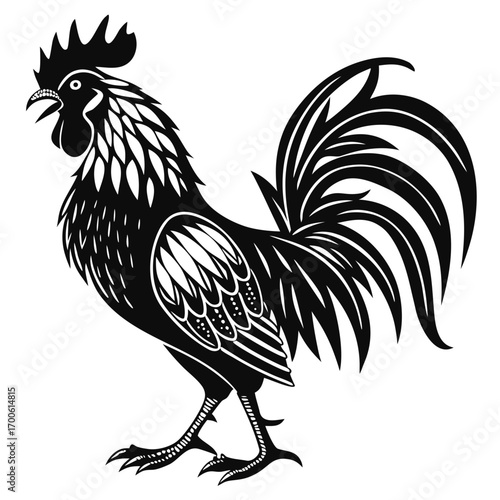 A striking black and white silhouette of a proud rooster with a prominent comb and elaborate tail feathers depicted in a stylized graphic art style against a clean white background