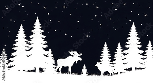 Winter Night Scene with Moose and Trees Silhouette against Starry Sky Illustration