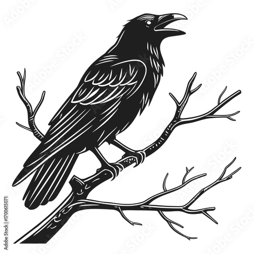 A striking black silhouette of a raven perched on a bare branch its beak open as if calling out rendered in a bold linocut style against a clean white background