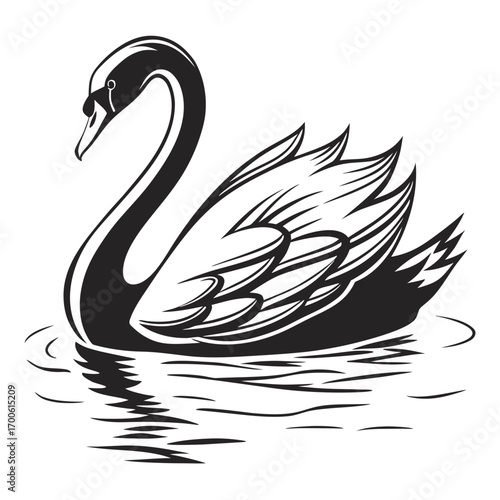 Elegant black swan with stylized feathers gracefully gliding on rippling water in a minimalist black and white graphic illustration