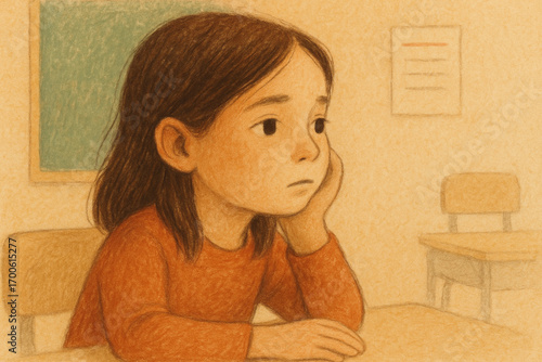Thoughtful girl looking at horizon with neutral expression in handcrafted illustration with warm colors