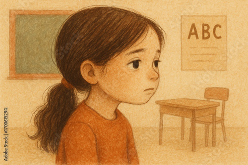 Thoughtful girl looking at horizon with neutral expression in handcrafted illustration with warm colors